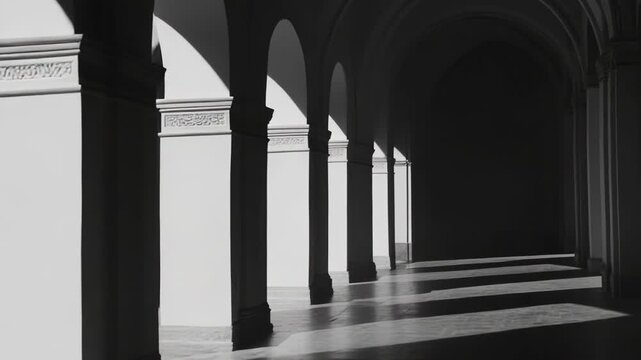 Long archway and colonnade extending through a building, featuring a repeating pattern of arches and columns illuminated by strong sunlight casting dramatic abstract shadows on the floor