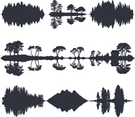 A minimalist collection of nature silhouettes reflected on a calm body of water