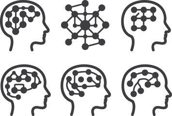 Set of icons representing brain activity, neural networks, and digital connection in human thought