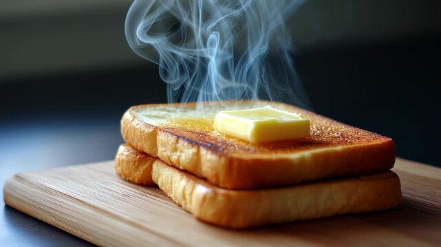 Golden toast sits stacked on a wooden board, a smooth pad of butter slowly melting and releasing wisps of steam. The warm aroma fills the air, inviting breakfast lovers to indulge