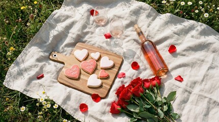 Romantic Picnic with Heart Cookies Rose Wine and Red Roses