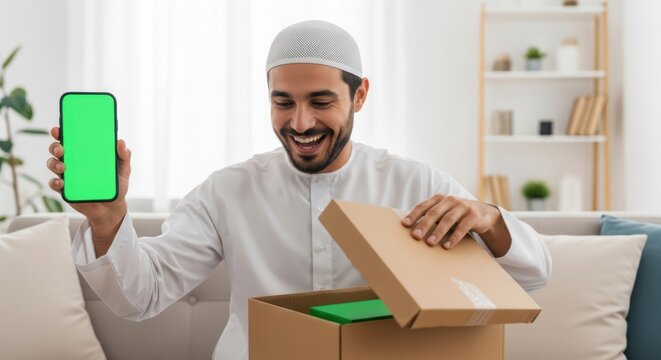 Happy Muslim Man Unboxing Package Holding Smartphone with Green Screen