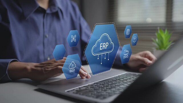 Cloud ERP solution supporting scalable, flexible and real-time enterprise management. Professional controlling workflows and performance using a laptop and cloud interface.