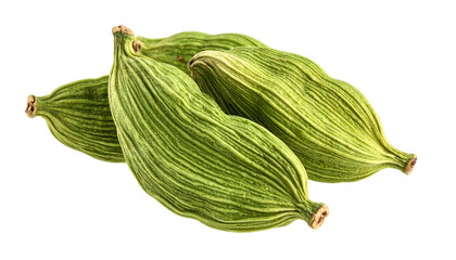 Close-up studio shot of a cluster of three green cardamom pods, showing texture and detail against a black backdrop