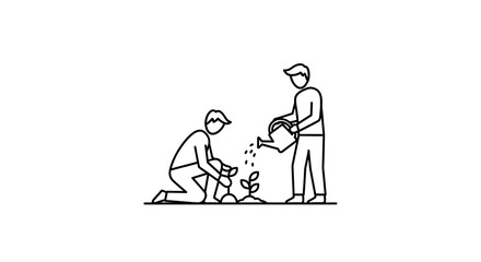 People Planting Tree Icon, Community Tree Planting & Environmental Growth Symbol