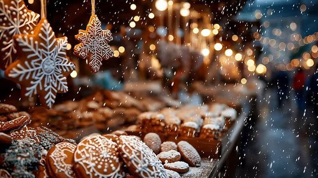 Decorated gingerbread cookies with icing sit at a festive market stall with falling snow and warm string lights bokeh in the background.