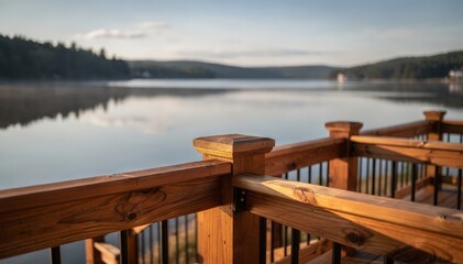 Wooden decks safety rails sharply focused in this medium shot overlooking a calm lake with reflections and distant softly blurred hills enhancing the serene atmosphere.