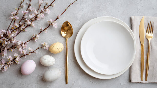 Easter table d&eacute;cor. Top view of a chic Easter brunch table with a light grey background with a white plate, serviette, golden flatware, Easter eggs and spring branches flat lay copy space