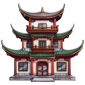 Cartoon of China House architecture building pagoda.