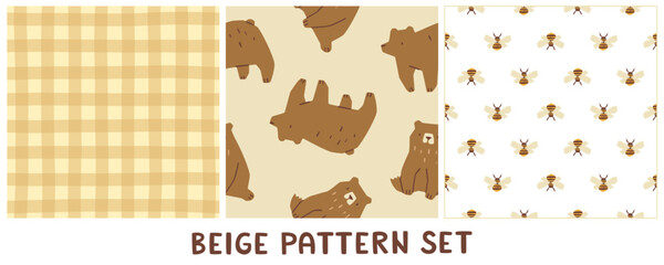 Beige doodle pattern set. Cartoon seamless cozy print collection.