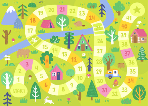 Board game with woodland path. Doodle camping mini game for kids with summer landscape.