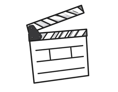 Black and white illustration of a classic film clapperboard, its top section angled open. The design is simple, with horizontal lines