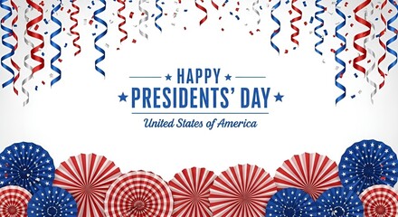 Obraz premium Happy Presidents Day Celebration Banner with Patriotic Red White and Blue Streamers and Paper Fans on White Background