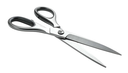 Obraz premium Gleaming stainless steel scissors open on a contrasting black background. They appear sharp and ready to cut