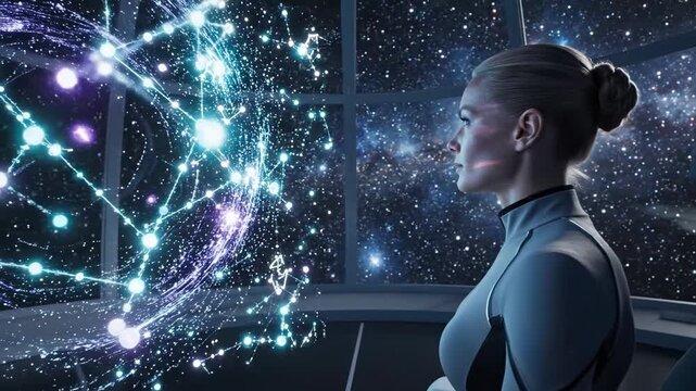A high-tech spacecraft command center reveals a woman studying a rotating star map hologram. She navigates the vast universe through advanced technology in a calm state of cosmic discovery.