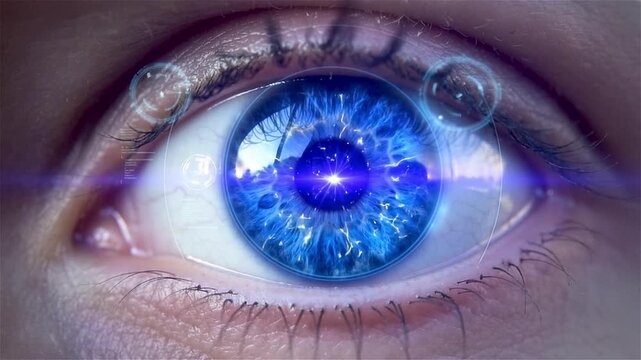 Close-up of a blue human eye with holographic interface and data overlays, symbolizing artificial intelligence, biometric scanning, future technology and cyber security.
