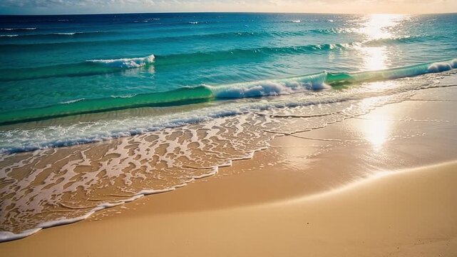 Peaceful tropical beach with turquoise waves gently rolling onto golden sand under warm sunrise light, creating a calm and relaxing summer seascape.
