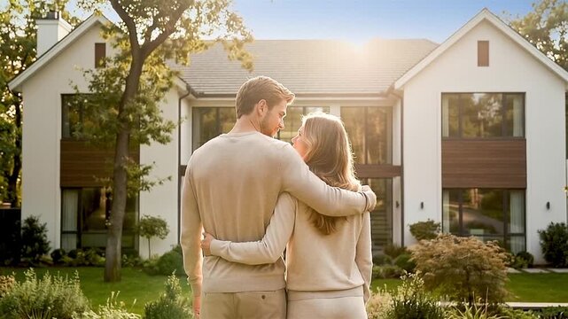 Back view of a couple hugging and looking at their dream house, then smiling at each other. New home, mortgage, loan and future planning concept.
