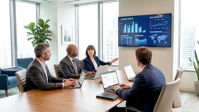 Business professionals in an office reviewing charts on a presentation and consulting each other. Teamwork, strategy, data analysis and corporate decision-making concept.