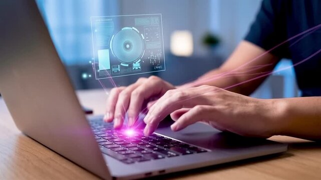 Close-up of a man typing on a laptop as AI icons appear from the screen. Artificial intelligence, digital transformation and modern technology concept.
