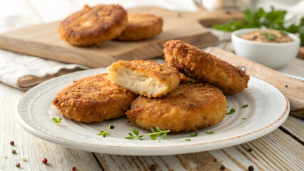 Delicious Crispy Cutlets on White Plate &ndash; Homemade Fried Snack