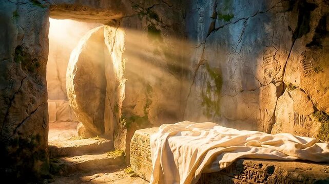 The empty tomb of Jesus with the burial shroud on the stone, the entrance rock rolled away and divine light entering inside. Resurrection, Easter and Christian faith concept.
