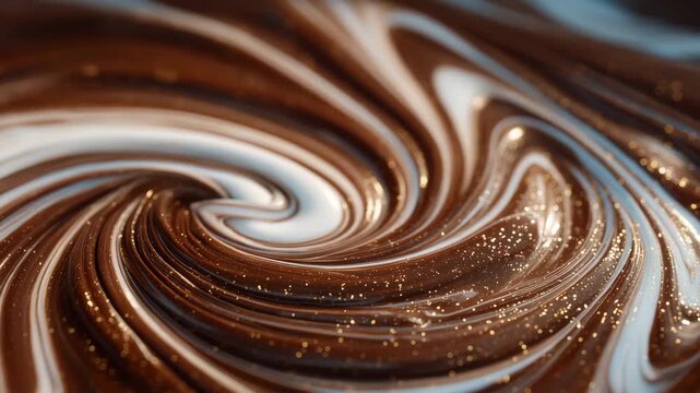 230Smooth swirled chocolate in dark and white, glossy, molten texture with abstract ribbon patterns, reflective lighting enhances depth and fluidity, cinematic macro food photography