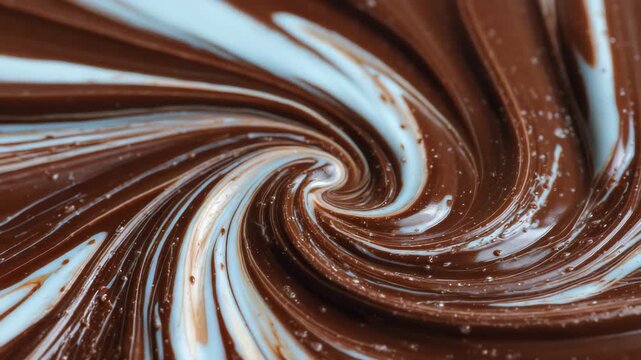 226Artistic macro view of swirling dark and white chocolate, smooth glossy surface with rippling folds, creamy texture emphasized by light reflection, abstract chocolate dessert compo