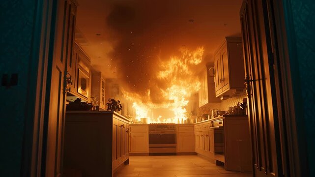 Kitchen Interior on Fire with Flames and Smoke Visible Through Open Door