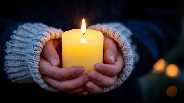 236Close-up of a pair of hands gently holding a lit yellow candle, soft warm glow illuminating fingertips, dark background fades into deep shadows, serene and intimate atmosphere, cin
