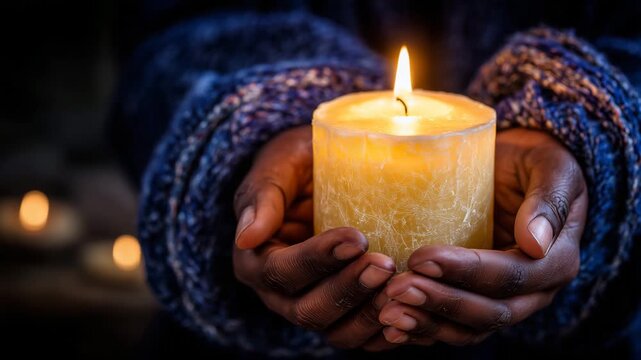 239Hands cradling a burning yellow candle in darkness, flickering flame casting soft golden light across skin, subtle reflections on knuckles, peaceful and meditative mood, highly det