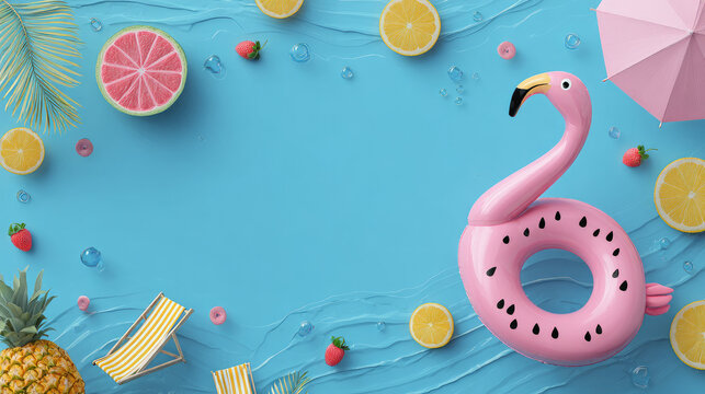 Summer Beach Poster Banner Template with Flamingo Pool Float and Tropical Elements