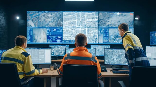 Mining professionals monitoring operations in high-tech control room, automation and efficiency concept