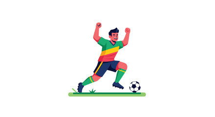 Fototapeta premium Excited male soccer player in a colorful jersey celebrating a goal while dribbling a soccer ball on a grassy field.
