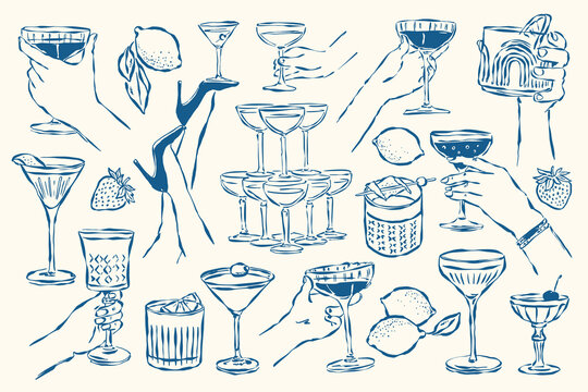 Minimalist hand-drawn popular cocktail vector illustrations in sketch style for greeting cards, wedding invites, posters, branding, logo design, backgrounds, and modern creative projects.