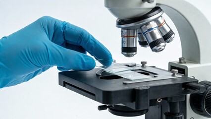 Scientist using microscope with slide