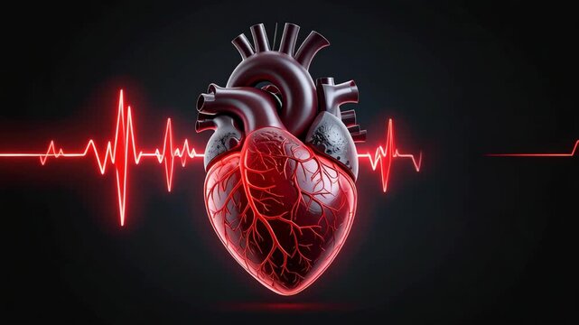 Glowing red anatomical heart with blood vessels and electrocardiogram line against dark background
