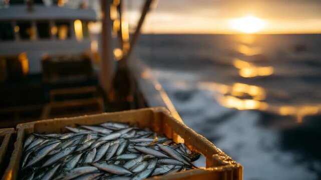 264Close-up of freshly caught fish spilling from crates on a fishing boat, golden sunset light highlighting textures and scales, calm sea and fading sun in background, intimate yet ci