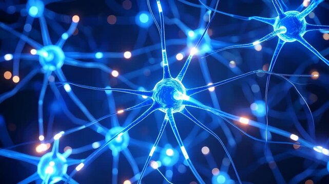 Close up of a glowing blue neural network with pulsing light signals on dark background