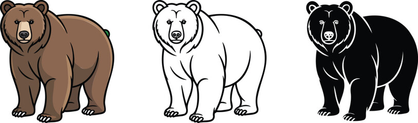 Naklejka premium Grizzly bear silhouette & Outline and illustration set isolated on transparent background