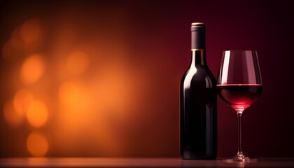Elegant red wine bottle and glass against a warm glowing background showcase sophistication and indulgence in fine dining