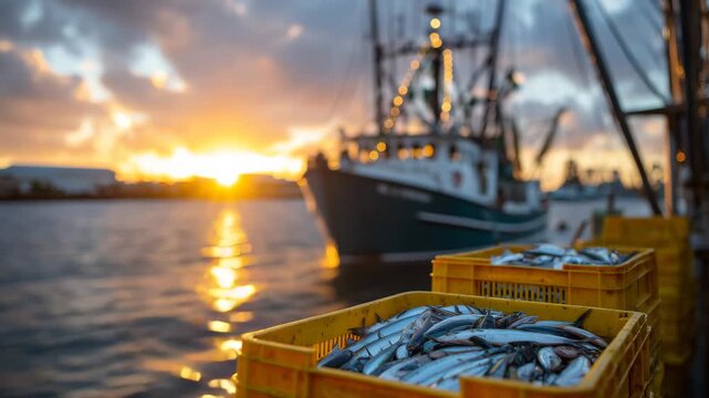 267Fishing boat silhouetted against a vibrant sunset, crates of fresh fish in crisp focus on deck, golden light illuminating scales and textures, calm water with soft reflections, atm