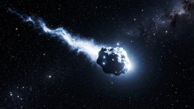 A mysterious alien asteroid streaks across the vast star-filled universe, leaving a brilliant blue trail of plasma energy as it hurtles through the galaxy. A sense of cosmic wonder.