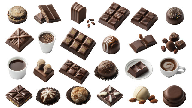 チョコレートとショコラのトリュフやチョコレートバーと板チョコにホットチョコレートとコーヒーを添えてカフェ気分でカカオとアーモンドの香りを楽しむスイーツ素材