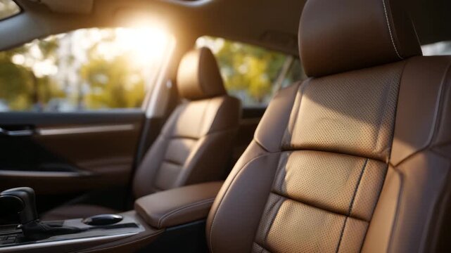 688Brown leather car seats in a premium car interior, rich texture and intricate stitching, soft natural light from windows casting shadows, modern dashboard and cabin elements softly