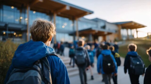 689Line of students in outdoor school setting, backpacks and casual attire, school building and trees softly blurred in background, diverse ethnicities, natural daylight creating warm