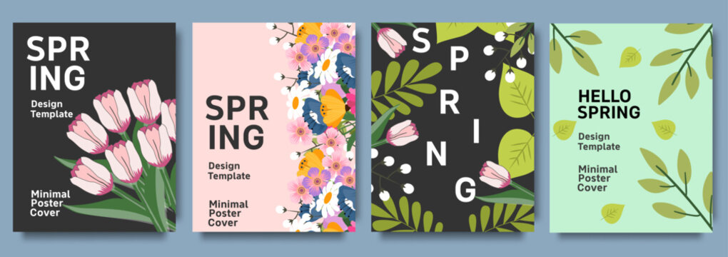 Set of colorful spring greeting card templates with floral elements, leaves and cheerful seasonal typography
