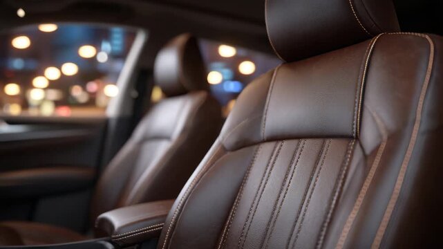 695Macro view of brown leather car seat, intricate stitching patterns visible, luxurious soft texture, subtle reflection of cabin light, modern automotive interior styling