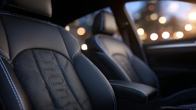 697Black leather car seats with perforated detailing, visible stitching and seat contours, luxury interior design, ambient cabin light reflecting softly, modern automotive aesthetic