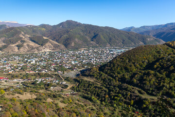 Panoramic view from the top of the village in a mountain gorge